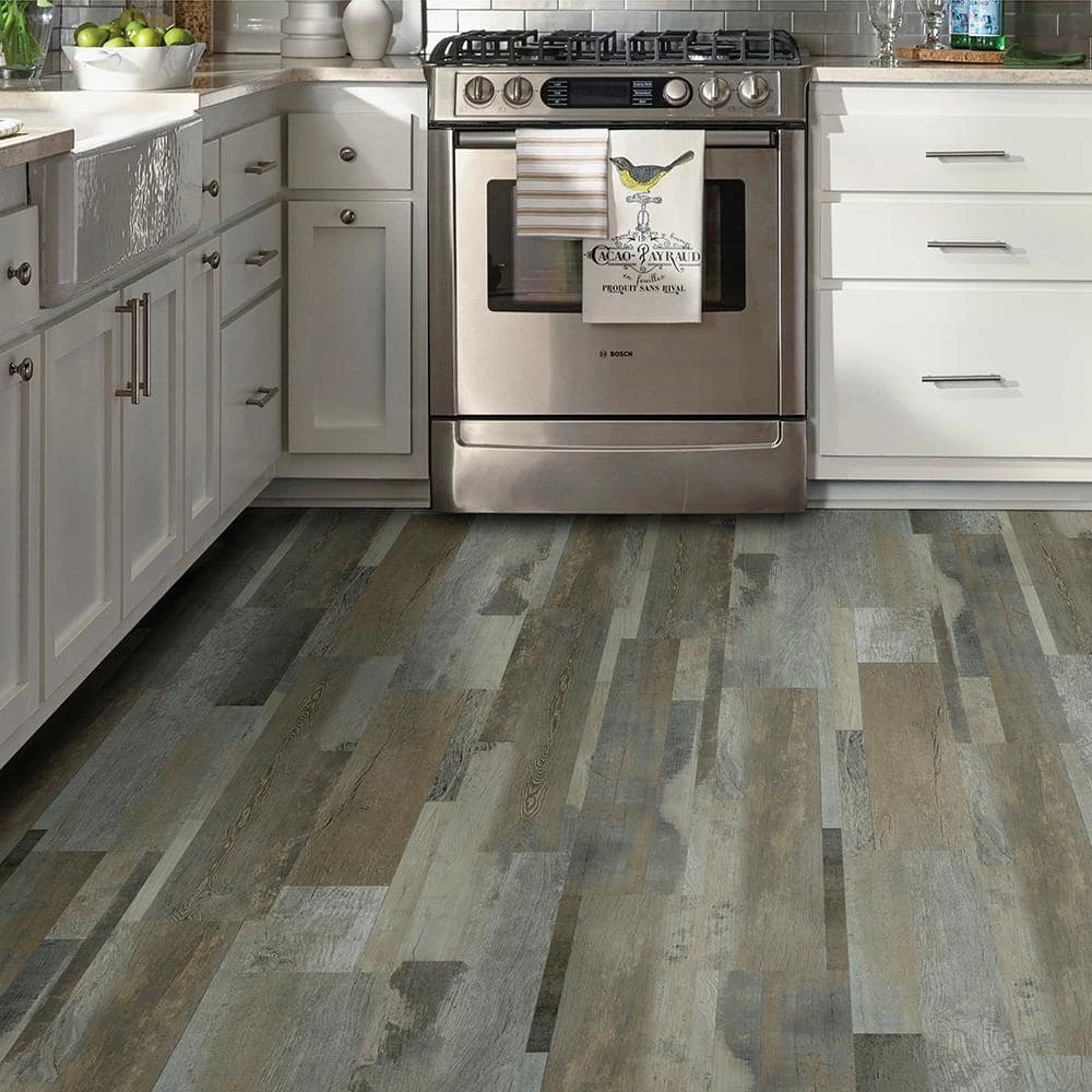 Grey Distressed Wood Multi-Width Look 6 in. x 36 in. Peel and Stick Vinyl Plank (36 sq. ft. / case) by TrafficMaster 4 Grey Distressed Wood Multi-Width Look 6 in. x 36 in. Peel and Stick Vinyl Plank (36 sq. ft. / case) by TrafficMaster - Image 2
